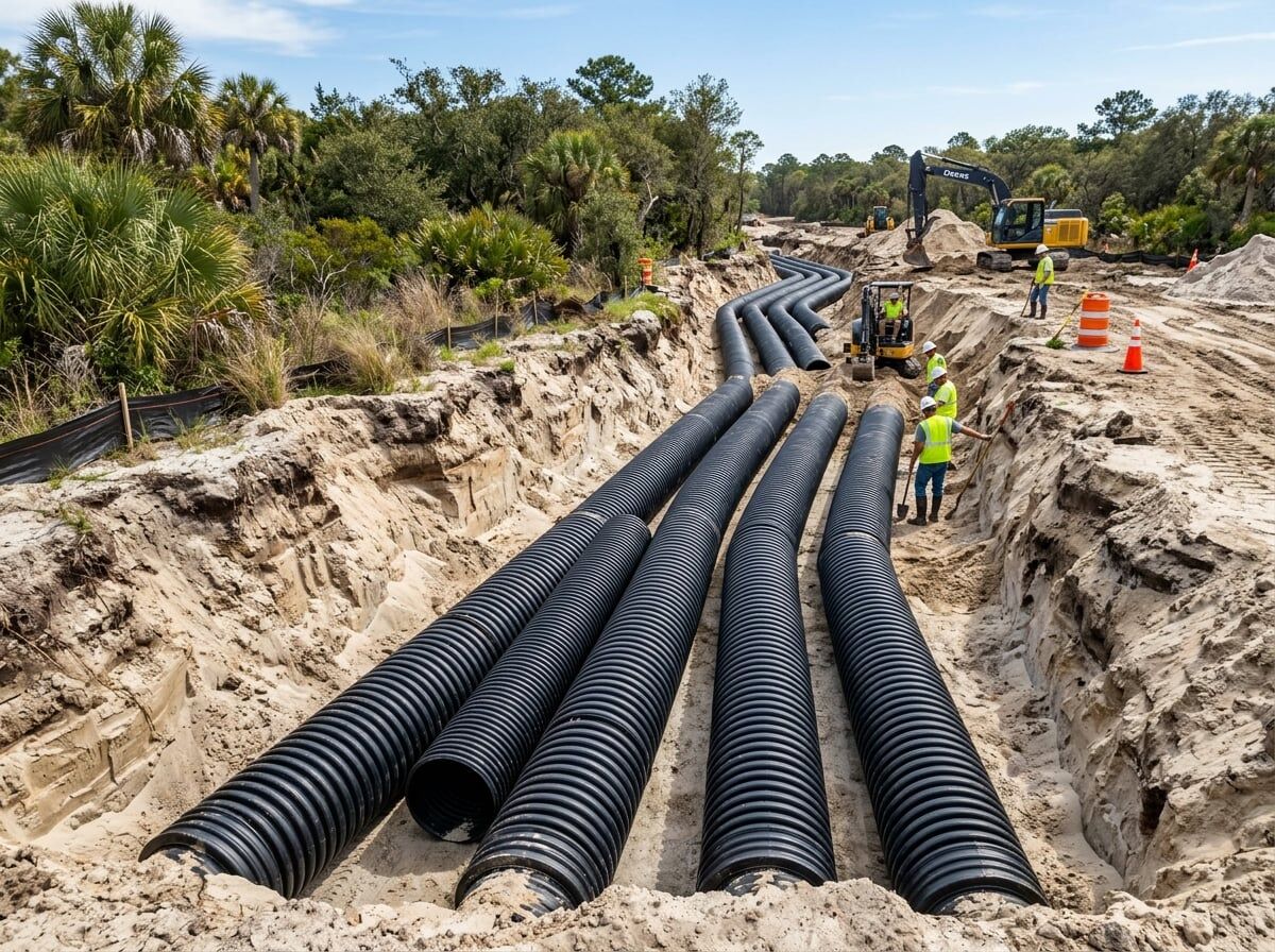 Storm drainage installation Beaufort SC — HDPE drainage pipes laid in an excavated trench