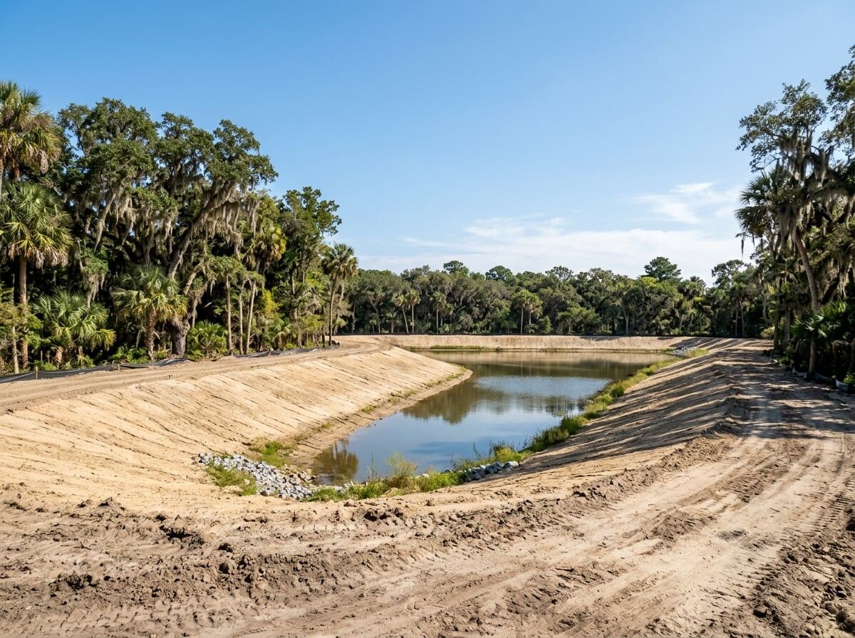 Retention pond construction Bluffton SC — stormwater pond with graded earth banks