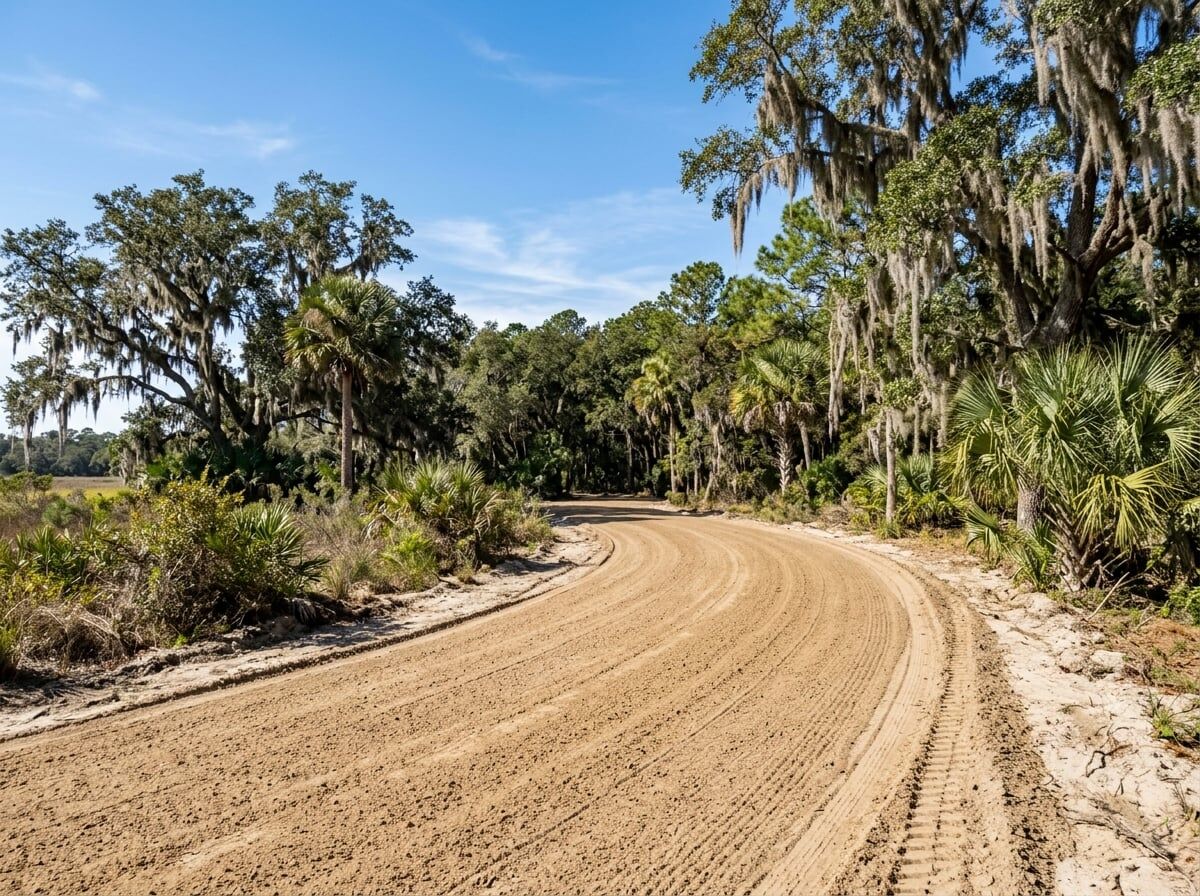 Driveway grading Hilton Head Island SC — compacted dirt base curving toward coastal trees