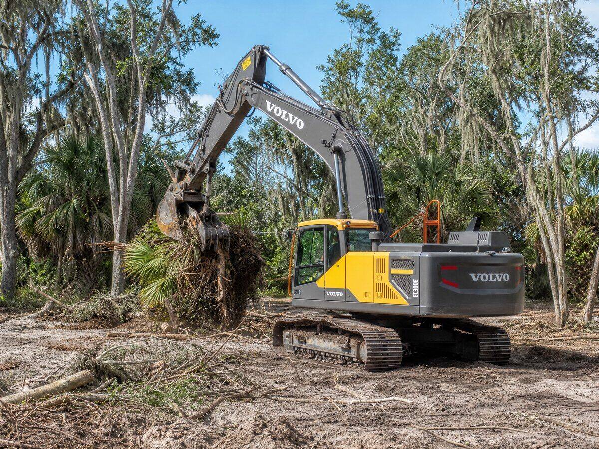 Land clearing Hilton Head Island SC — excavator clearing trees and brush on a wooded lot