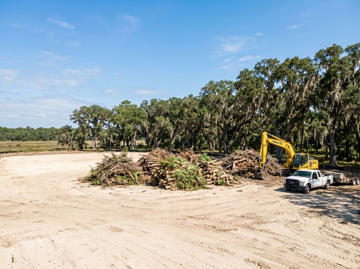 Brush and debris removal Bluffton SC — cleared lot with stacked tree debris