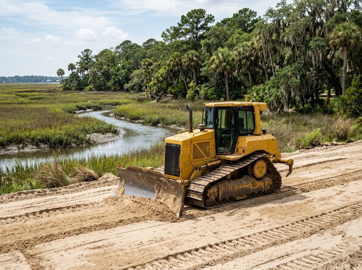 Site preparation and grading Beaufort SC — dozer leveling soil near a marsh treeline