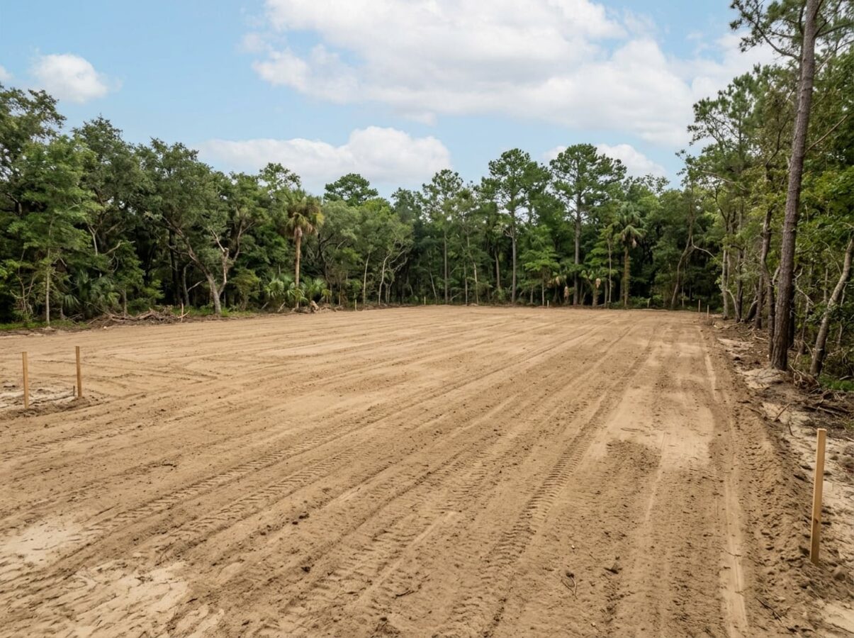 Overgrown lot cleared, grubbed, and graded into a ready-to-build pad — after