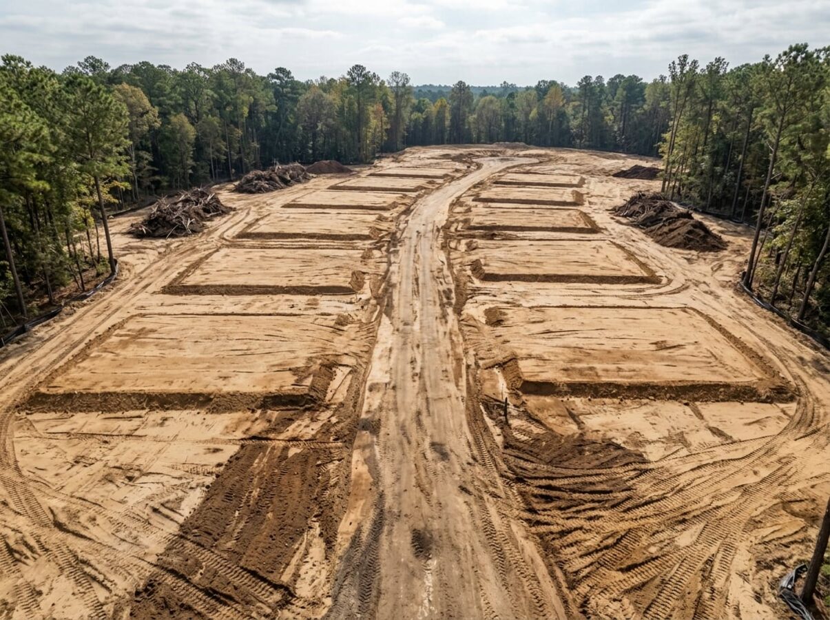 Raw tract transformed into subdivision roads and finished lot pads — after